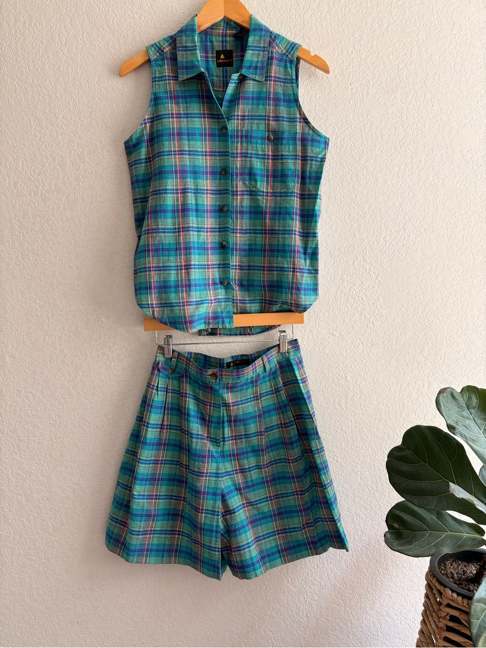 Vtg Liz Claiborne Plaid Matching Set 90s Granolacore Shorts Blouse 4/S